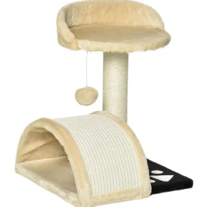 Arbre à chat griffoir grattoir design jeu boule suspendue + plateforme peluche sisal naturel beige