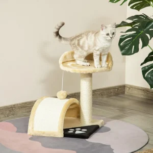 Arbre à chat griffoir grattoir design jeu boule suspendue + plateforme peluche sisal naturel beige