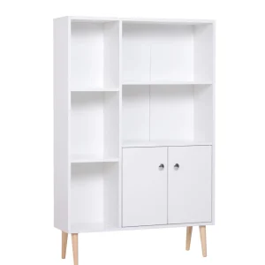 Bibliothèque scandinave dim. 80L x 23,5l x 123H cm 5 niches placard 2 portes pieds effilés inclinés bois massif panneaux particules blanc