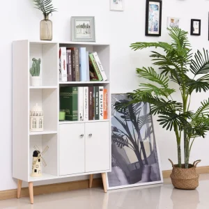 Bibliothèque scandinave dim. 80L x 23,5l x 123H cm 5 niches placard 2 portes pieds effilés inclinés bois massif panneaux particules blanc