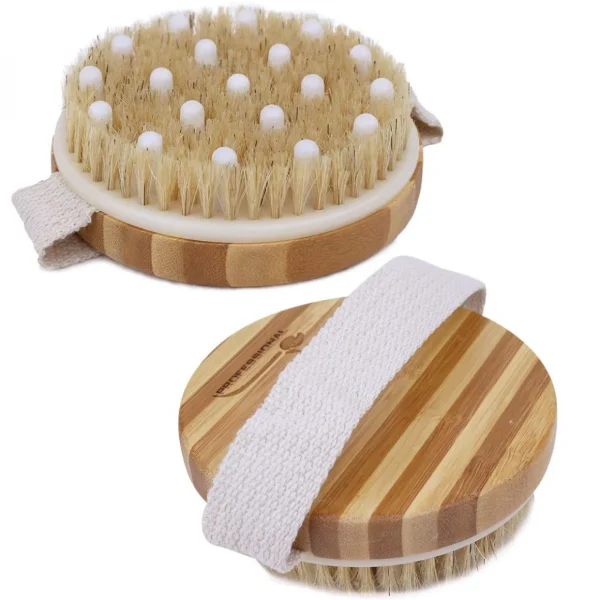 Brosse de massage et de drainage, anti cellulite en bambou 11 x 11 x 3,5 cm avec poignée de maintien