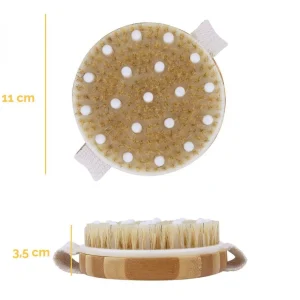 Brosse de massage et de drainage, anti cellulite en bambou 11 x 11 x 3,5 cm avec poignée de maintien