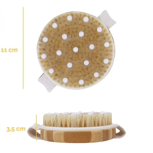 Brosse de massage et de drainage, anti cellulite en bambou 11 x 11 x 3,5 cm avec poignée de maintien