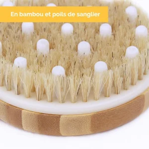 Brosse de massage et de drainage, anti cellulite en bambou 11 x 11 x 3,5 cm avec poignée de maintien