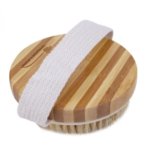 Brosse de massage et de drainage, anti cellulite en bambou 11 x 11 x 3,5 cm avec poignée de maintien