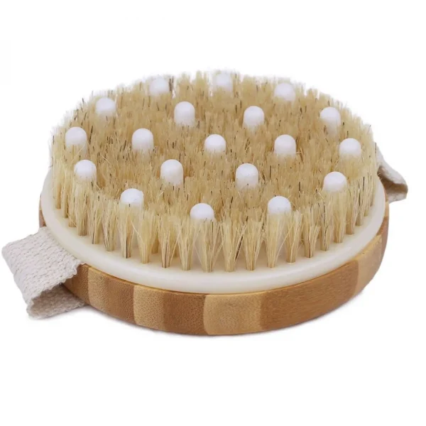 Brosse de massage et de drainage, anti cellulite en bambou 11 x 11 x 3,5 cm avec poignée de maintien