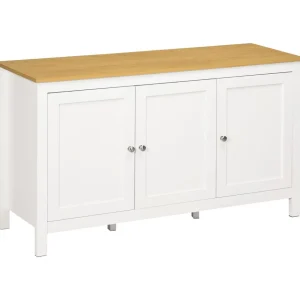 Buffet bas style classique chic - 3 portes, 2 étagères réglables - MDF panneaux blanc aspect bois clair