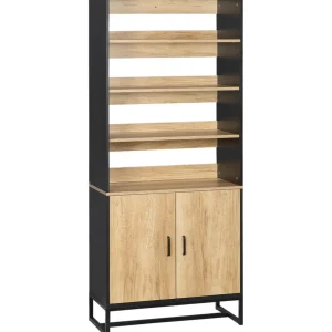 Buffet haut multi-rangement 2 portes total 5 étagères piètement acier noir panneaux aspect bois clair