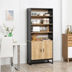 Buffet haut multi-rangement 2 portes total 5 étagères piètement acier noir panneaux aspect bois clair