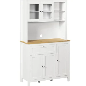 Buffet haut style classique chic - multi-rangement placards, niches, tiroir - panneaux blanc aspect bois clair