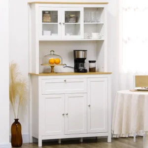 Buffet haut style classique chic - multi-rangement placards, niches, tiroir - panneaux blanc aspect bois clair