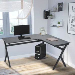 Bureau d'angle informatique design contemporain 155L x 130l x 76H cm MDF acier noir