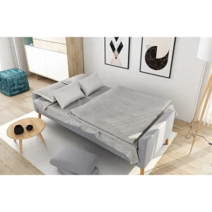 Canapé 3 places scandinave convertible NOVA, assise tissu pieds en bois