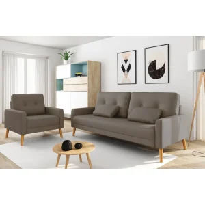 Canapé 3 places scandinave convertible NOVA, assise tissu pieds en bois