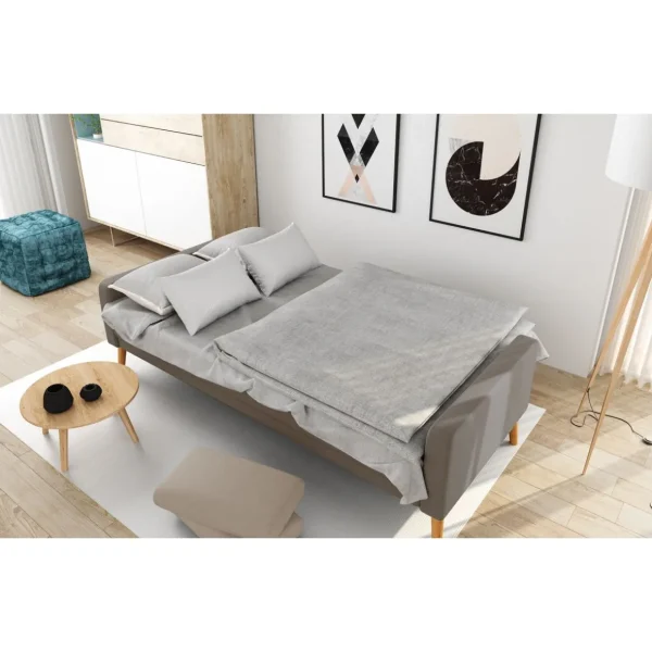 Canapé 3 places scandinave convertible NOVA, assise tissu pieds en bois