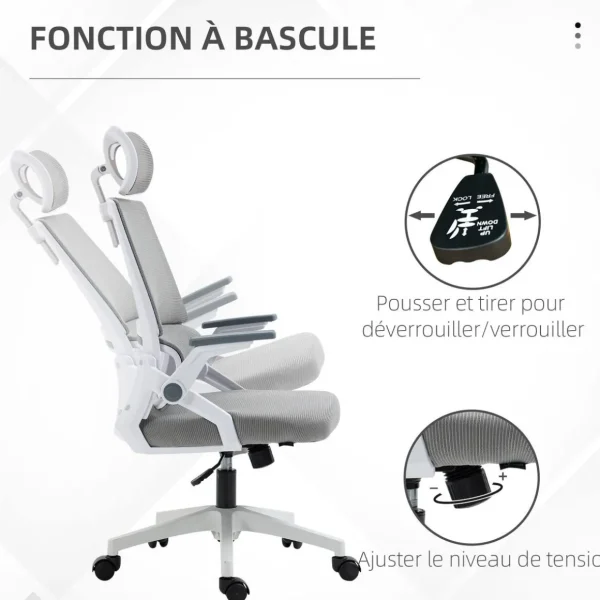 Chaise de bureau ergonomique réglable inclinable pivotante maille polyester gris