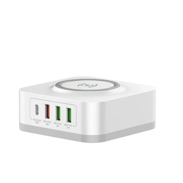 Chargeur secteur 5-en-1 induction + 4 ports USB - Blanc