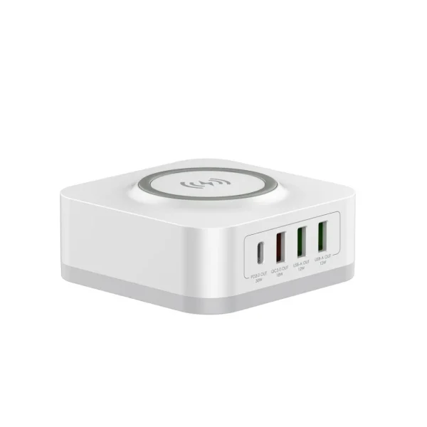 Chargeur secteur 5-en-1 induction + 4 ports USB - Blanc