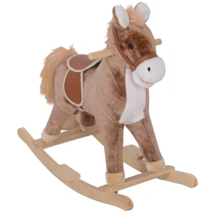 Cheval à bascule cheval de cowboy selle grand confort peluche courte douce bois peuplier marron