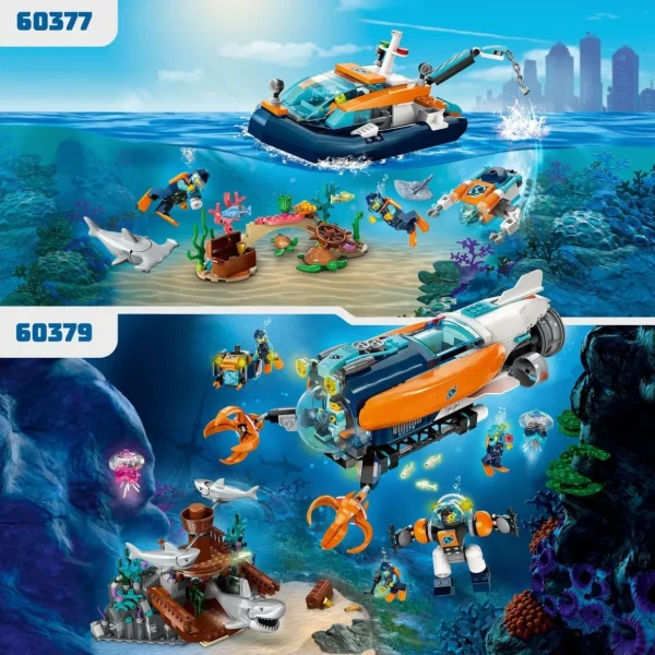 City 60377 - Le Bateau d'Exploration Sous-Marine, Jouet avec Mini Sous-Marin, Requin, Crabe, Tortue, Raie et Figurines Animaux Marins, Set de Plongée Sous-Marine