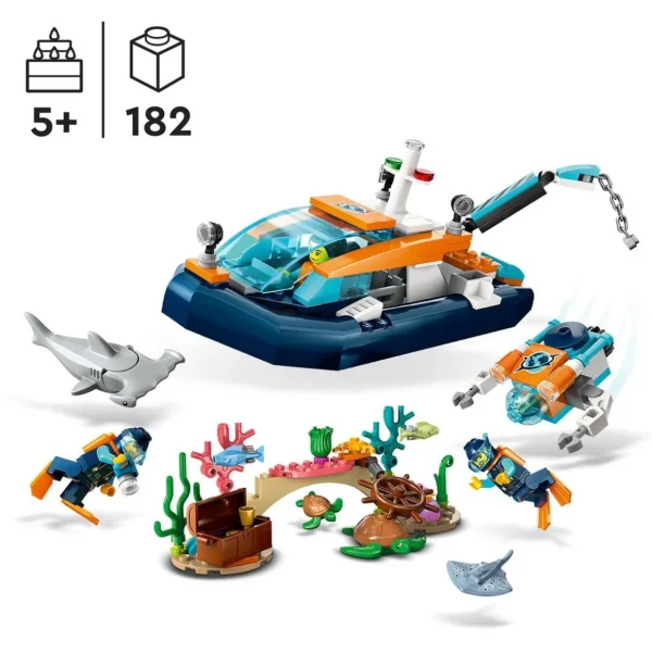 City 60377 - Le Bateau d'Exploration Sous-Marine, Jouet avec Mini Sous-Marin, Requin, Crabe, Tortue, Raie et Figurines Animaux Marins, Set de Plongée Sous-Marine