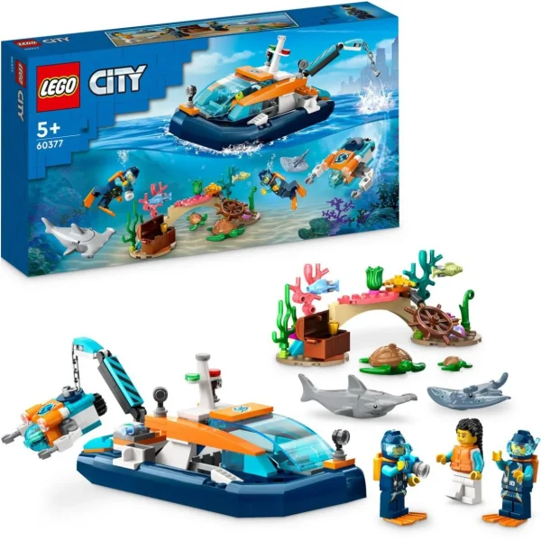 City 60377 - Le Bateau d'Exploration Sous-Marine, Jouet avec Mini Sous-Marin, Requin, Crabe, Tortue, Raie et Figurines Animaux Marins, Set de Plongée Sous-Marine