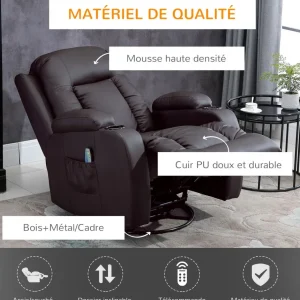 Fauteuil de massage et relaxation électrique chauffant inclinable manuellement repose-pied télécommande chocolat