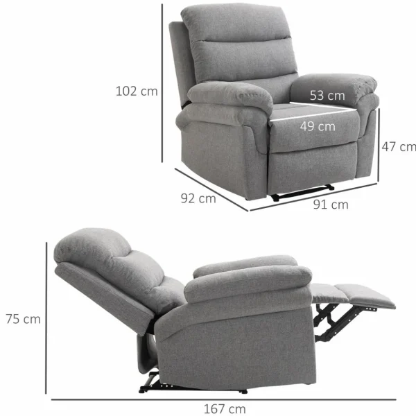 Fauteuil de relaxation inclinable manuel avec repose-pied ajustable tissu polyester aspect lin gris clair chiné