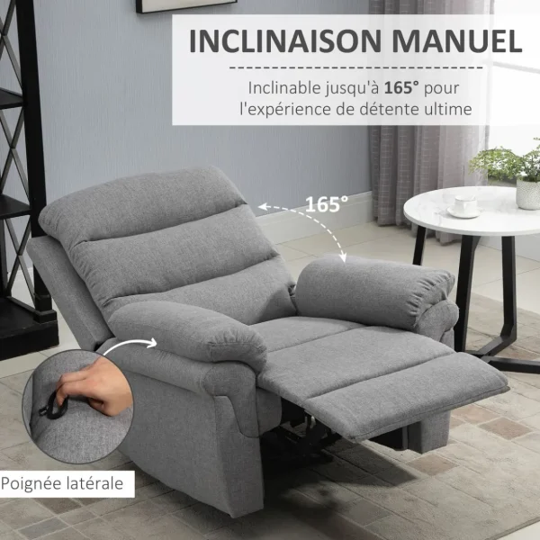 Fauteuil de relaxation inclinable manuel avec repose-pied ajustable tissu polyester aspect lin gris clair chiné