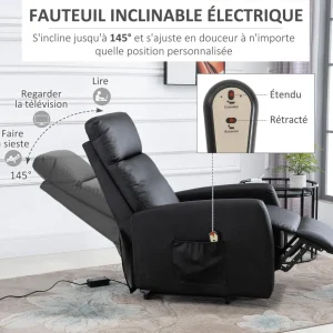 Fauteuil de relaxation électrique fauteuil releveur inclinable repose-pied ajustable revêtement synthétique noir