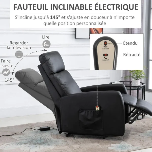 Fauteuil de relaxation électrique fauteuil releveur inclinable repose-pied ajustable revêtement synthétique noir
