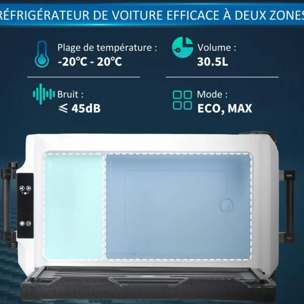 Glacière électrique portable 30,5L pour voiture - congélateur réfrigérateur 2 zones - LED - noir blanc