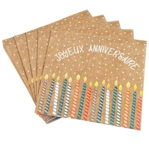 Lot de 20 Serviettes en Papier Anniversaire Kraft 33x33cm Naturel