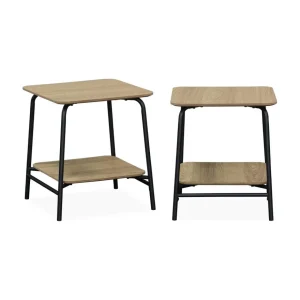 Lot de 2 tables de chevet effet table d'école en décor bois avec structure en acier - 1 étagère centrale