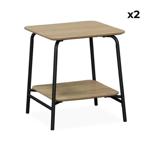 Lot de 2 tables de chevet effet table d'école en décor bois avec structure en acier - 1 étagère centrale