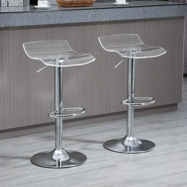 Lot de 2 tabourets de bar design contemporain assise acrylique et piètement métal - pivotant 360° - hauteur réglable avec repose-pieds - transparent