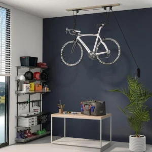 Élévateur de vélo support vélo plafond fixation murale ascenseur vélo avec poulie mécanisme de verrouillage capacité de chargement 20 kg acier noir