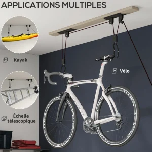 Élévateur de vélo support vélo plafond fixation murale ascenseur vélo avec poulie mécanisme de verrouillage capacité de chargement 20 kg acier noir