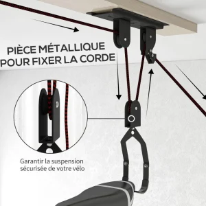 Élévateur de vélo support vélo plafond fixation murale ascenseur vélo avec poulie mécanisme de verrouillage capacité de chargement 20 kg acier noir