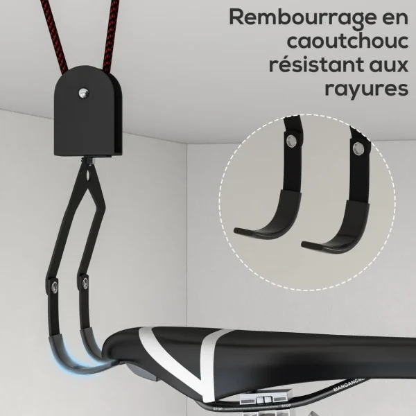 Élévateur de vélo support vélo plafond fixation murale ascenseur vélo avec poulie mécanisme de verrouillage capacité de chargement 20 kg acier noir