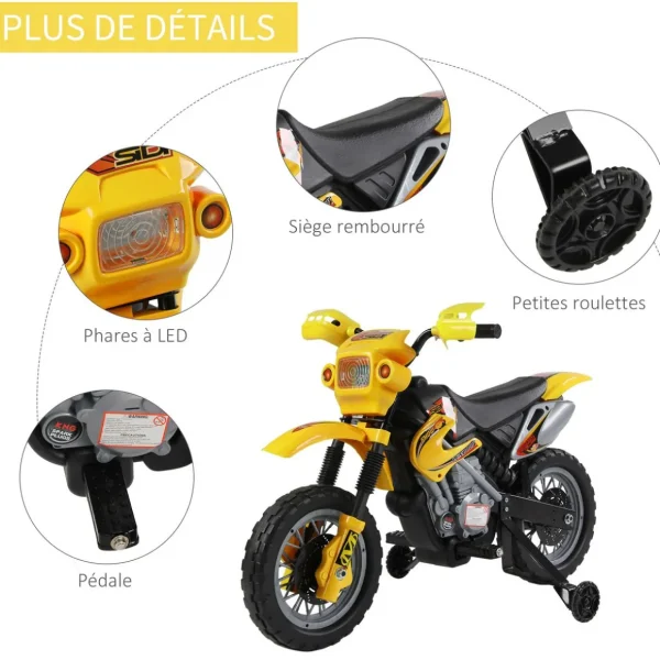 Moto Cross électrique enfant 3 à 6 ans 6 V phares klaxon musiques 102 x 53 x 66 cm jaune et noir