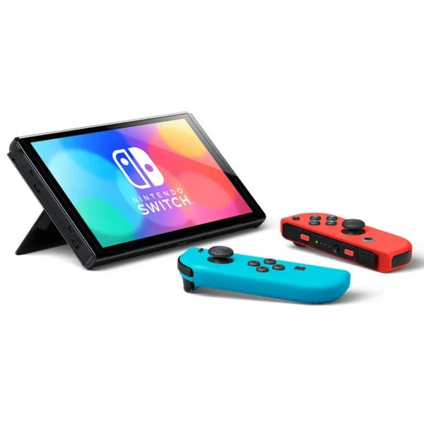 Nintendo Switch OLED avec station d'accueil et manettes Joy-Con bleu néon / rouge