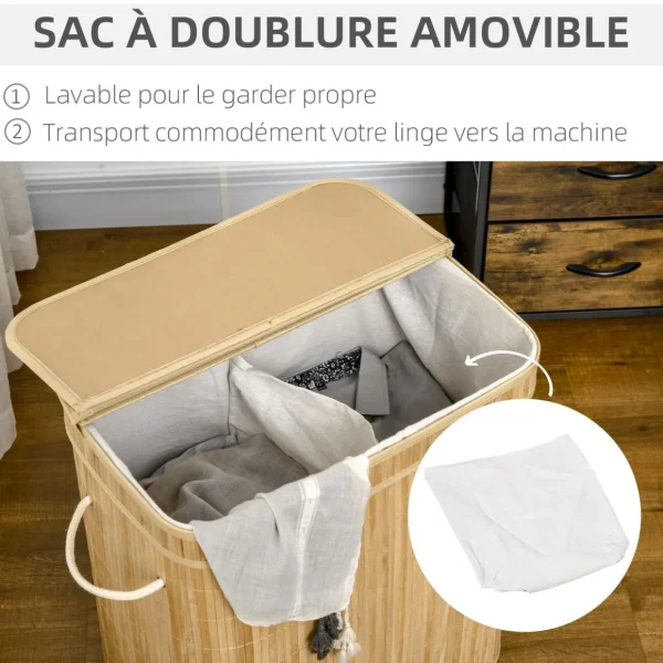 Panier à linge corbeille à linge bac à linge 100 L 2 compartiments couvercle sac amovible 2 poignées tissu bambou