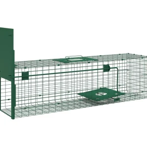 Piège de capture pour petits animaux type lapin rat - entrée, poignée - dim. 100L x 25l x 28H cm - acier vert