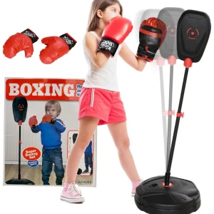 Punching ball enfant - sac de frappe enfant - hauteur réglable - base lestage, 2 gants inclus - rouge noir