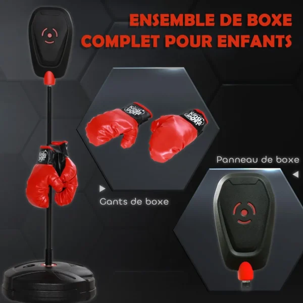 Punching ball enfant - sac de frappe enfant - hauteur réglable - base lestage, 2 gants inclus - rouge noir