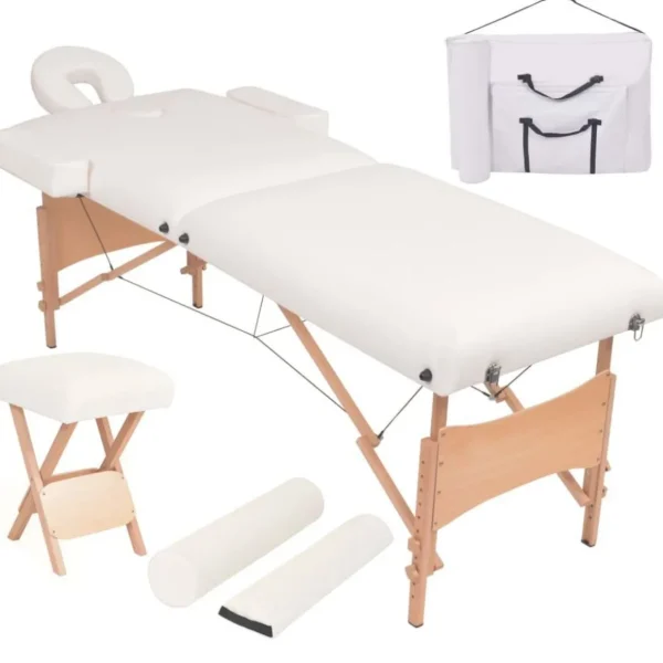 Table de massage pliable et tabouret 10 cm d'epaisseur Blanc