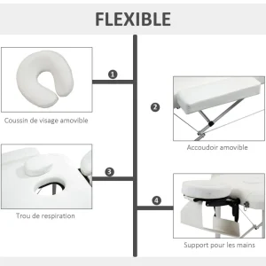 Table de massage pliable 3 zones hauteur réglable dim. 215L x 60l x 61-84H cm alu. synthétique PVC blanc