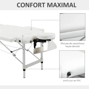Table de massage pliable 3 zones hauteur réglable dim. 215L x 60l x 61-84H cm alu. synthétique PVC blanc