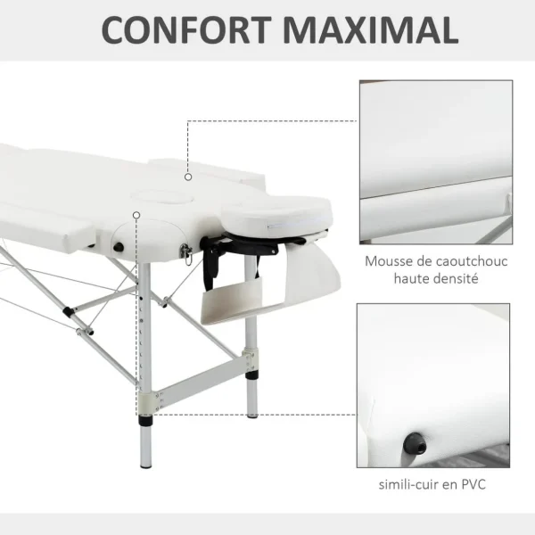 Table de massage pliable 3 zones hauteur réglable dim. 215L x 60l x 61-84H cm alu. synthétique PVC blanc